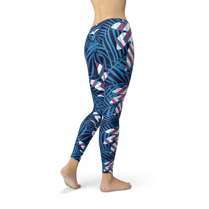 The Atlantis Collection - Blue Tropical Leaf Leggings for Women