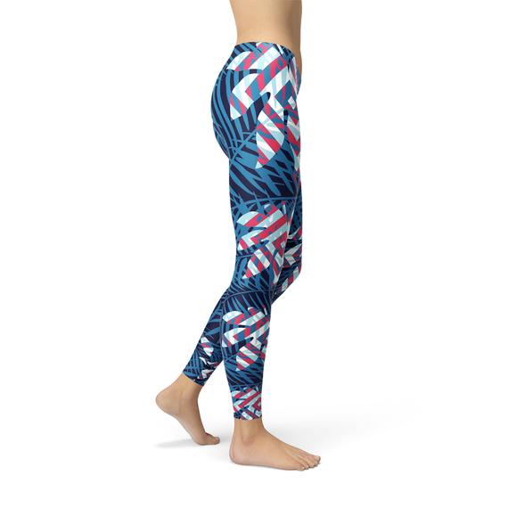 The Atlantis Collection - Blue Tropical Leaf Leggings for Women